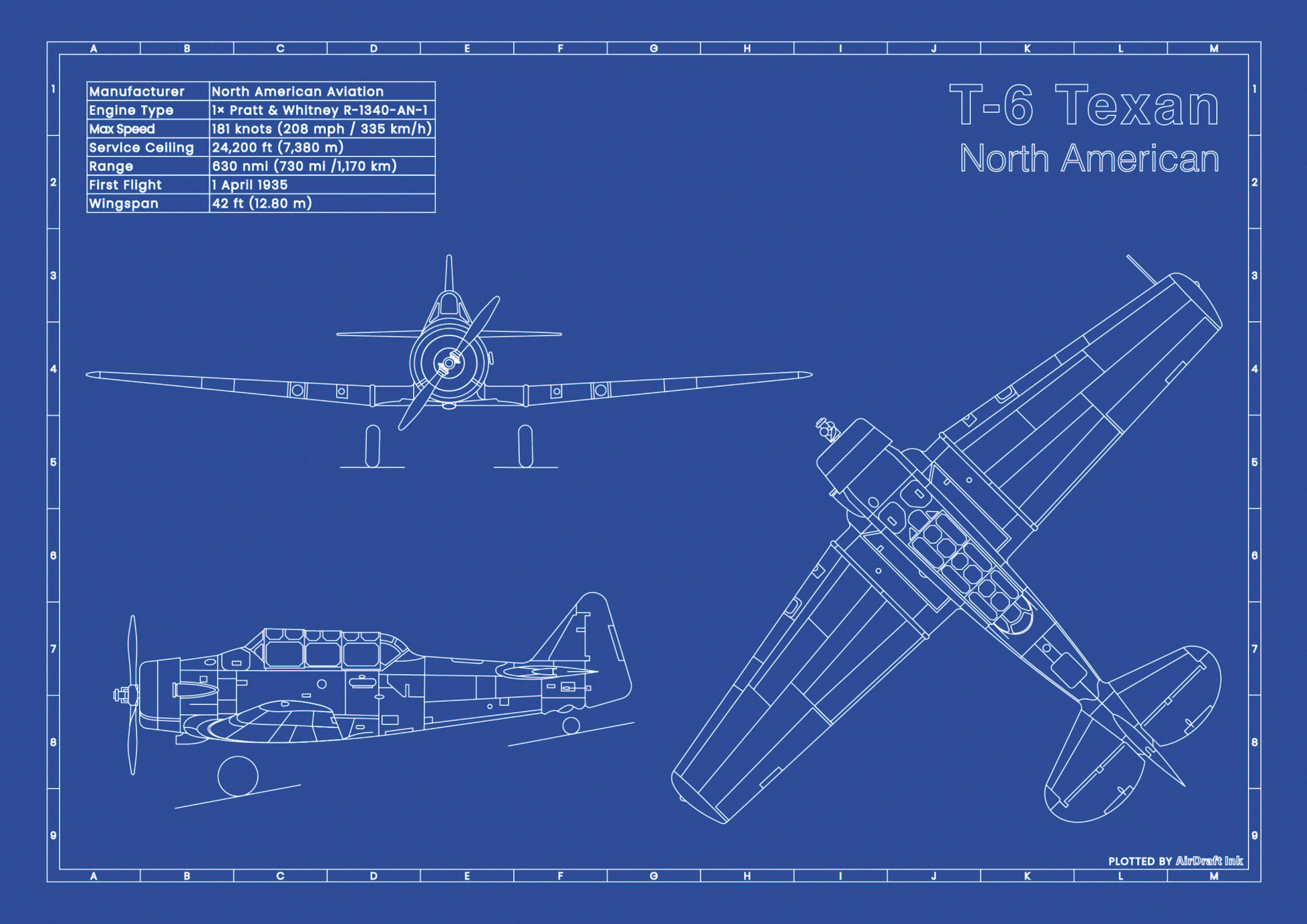 North American T-6-Texan technical aircraft plan drawing in blueprint style, aviation wall art poster gift for aircraft enthusiasts and pilots.