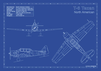 North American T-6-Texan technical aircraft plan drawing in blueprint style, aviation wall art poster gift for aircraft enthusiasts and pilots.