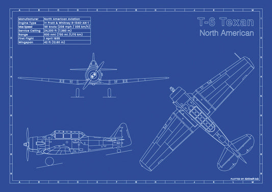 North American T-6-Texan technical aircraft plan drawing in blueprint style, aviation wall art poster gift for aircraft enthusiasts and pilots.