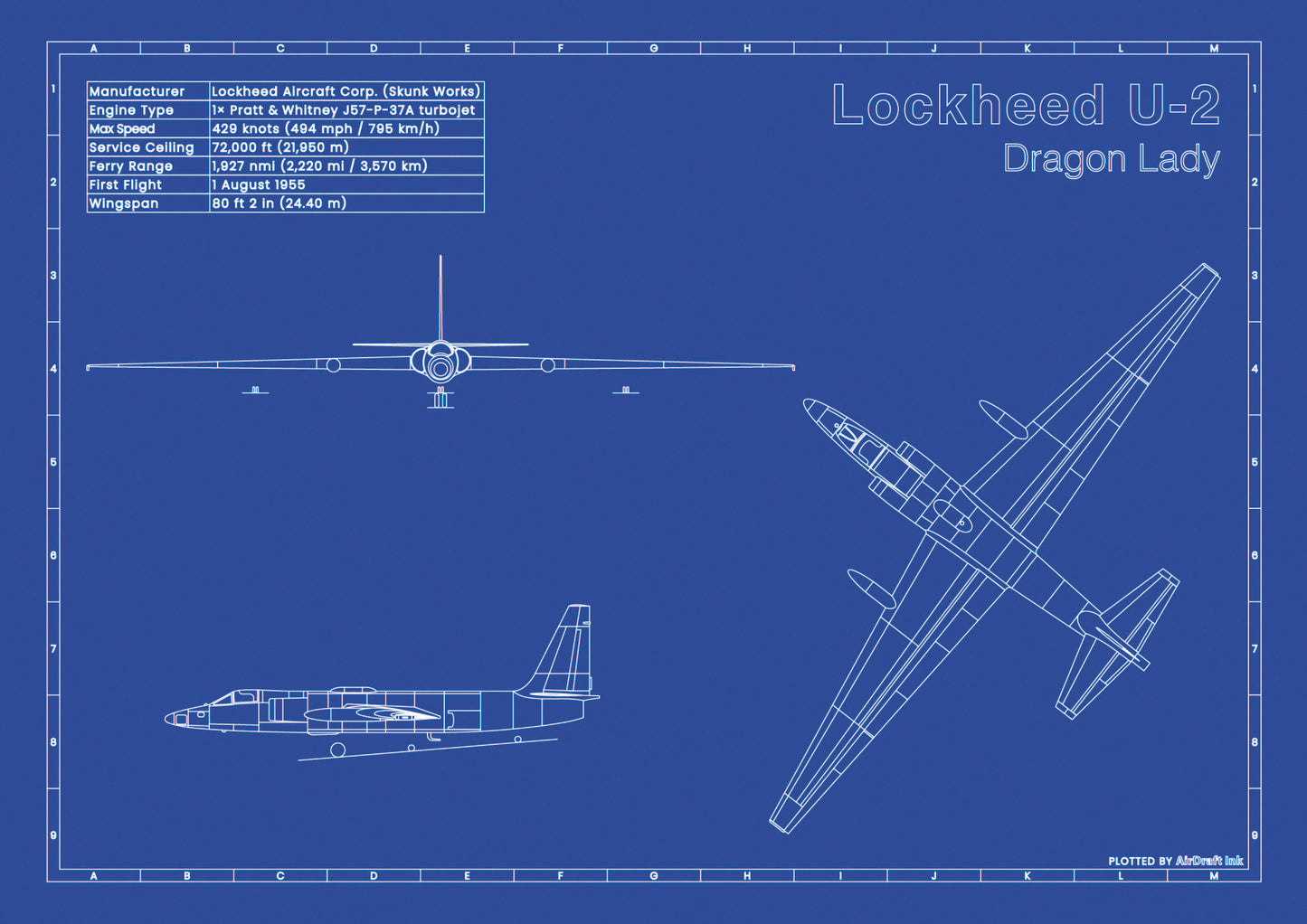 Lockheed U-2 technical aircraft plan drawing in blueprint style, aviation wall art poster gift for aircraft enthusiasts and pilots.