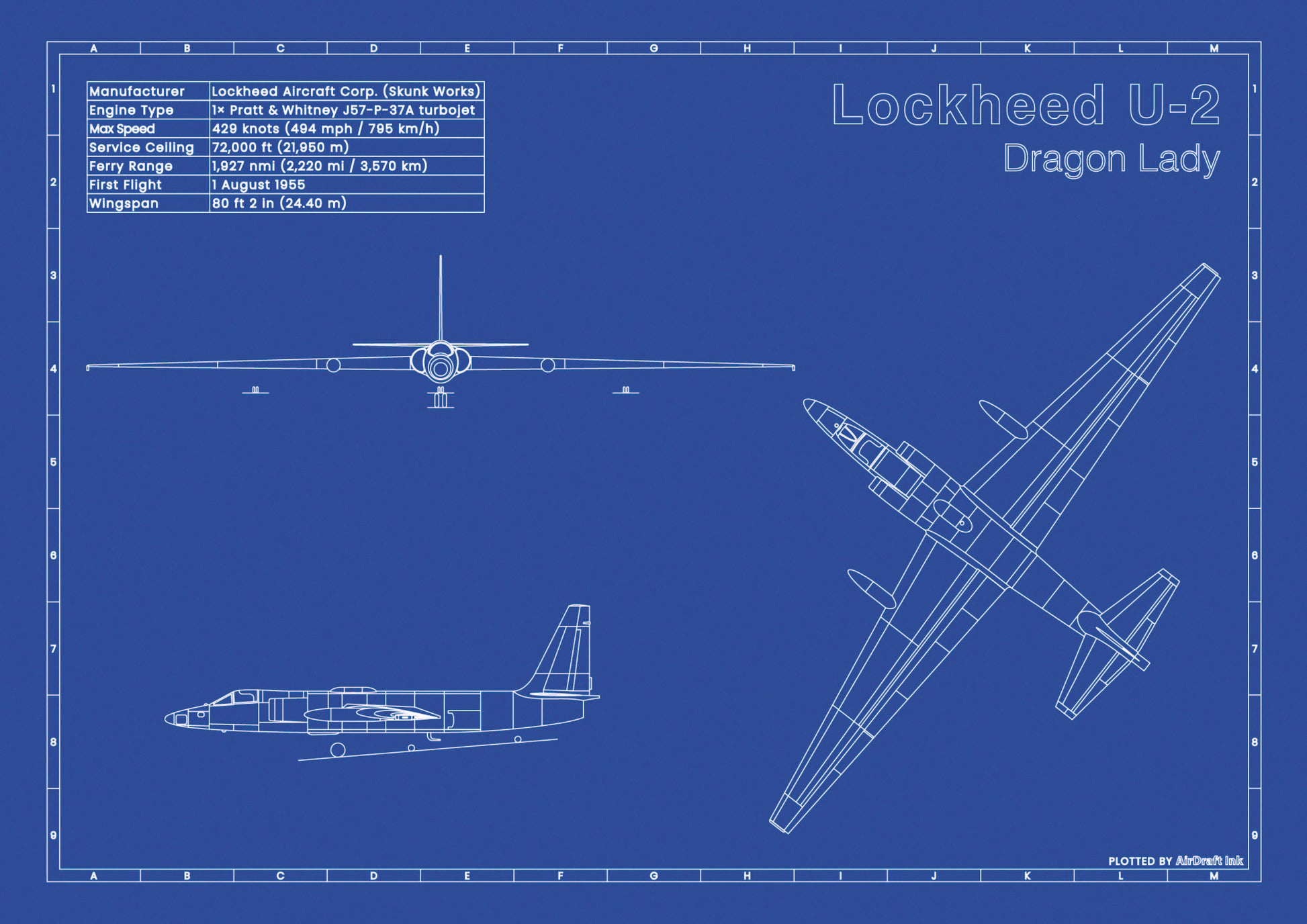 Lockheed U-2 technical aircraft plan drawing in blueprint style, aviation wall art poster gift for aircraft enthusiasts and pilots.