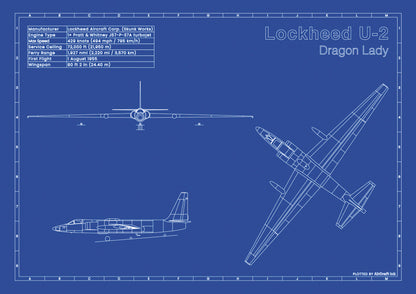Lockheed U-2 technical aircraft plan drawing in blueprint style, aviation wall art poster gift for aircraft enthusiasts and pilots.