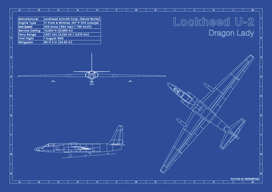 Lockheed U-2 technical aircraft plan drawing in blueprint style, aviation wall art poster gift for aircraft enthusiasts and pilots.
