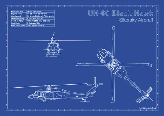 Sikorsky UH-60 Black-HawK technical aircraft plan drawing in blueprint style, aviation wall art poster gift for aircraft enthusiasts and pilots.