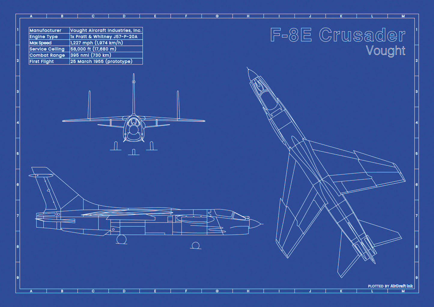 Vought F-8E Crusader technical aircraft plan drawing in blueprint style, aviation wall art poster gift for aircraft enthusiasts and pilots.