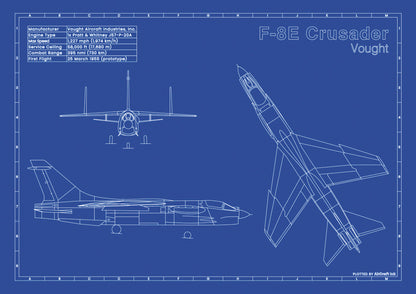Vought F-8E Crusader technical aircraft plan drawing in blueprint style, aviation wall art poster gift for aircraft enthusiasts and pilots.