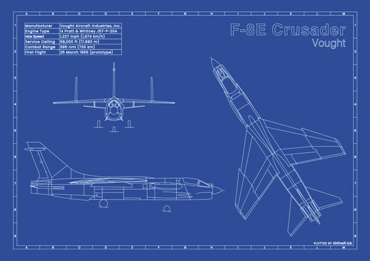 Vought F-8E Crusader technical aircraft plan drawing in blueprint style, aviation wall art poster gift for aircraft enthusiasts and pilots.