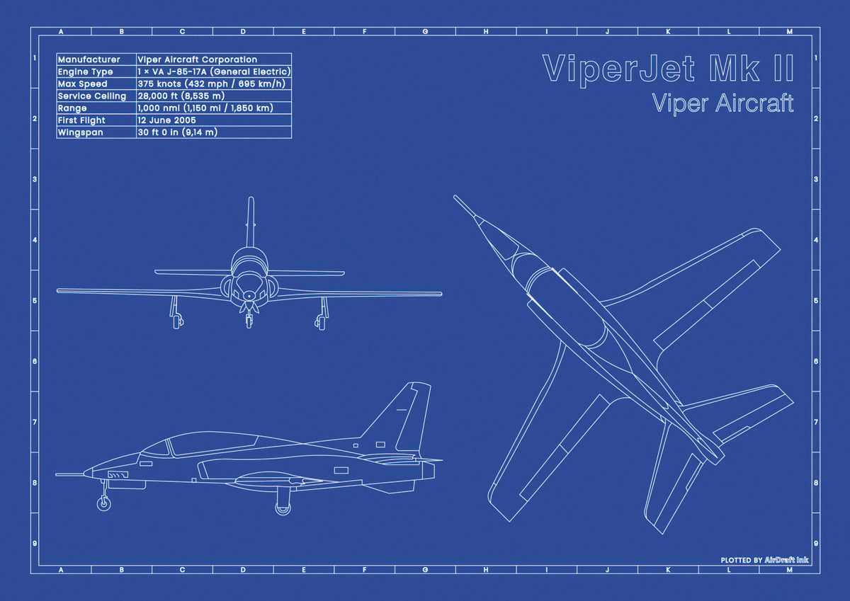 Viperjet Mk II technical aircraft plan drawing in blueprint style, aviation wall art poster gift for aircraft enthusiasts and pilots.