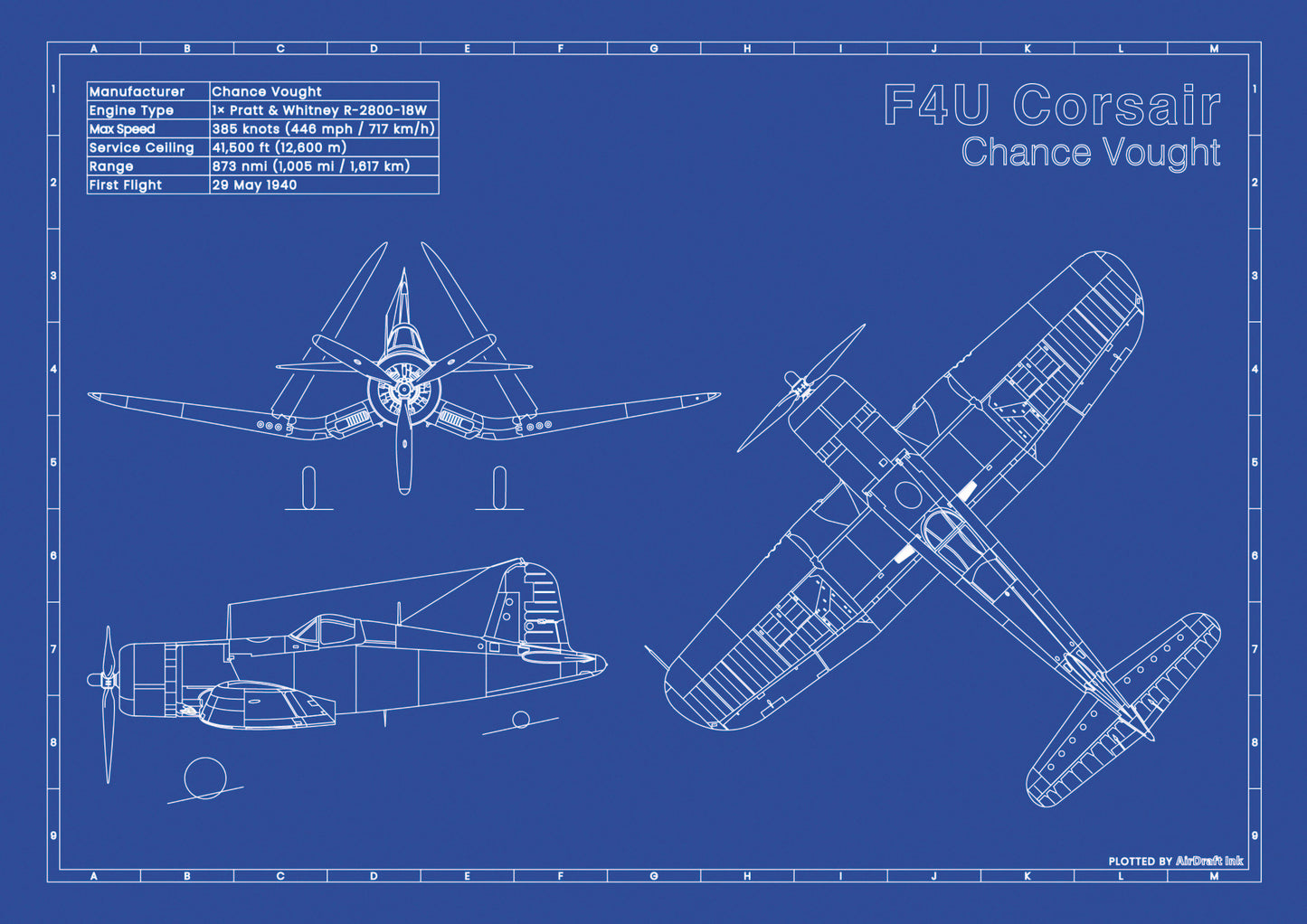 Vought F4U Corsair technical aircraft plan drawing in blueprint style, aviation wall art poster gift for aircraft enthusiasts and pilots.