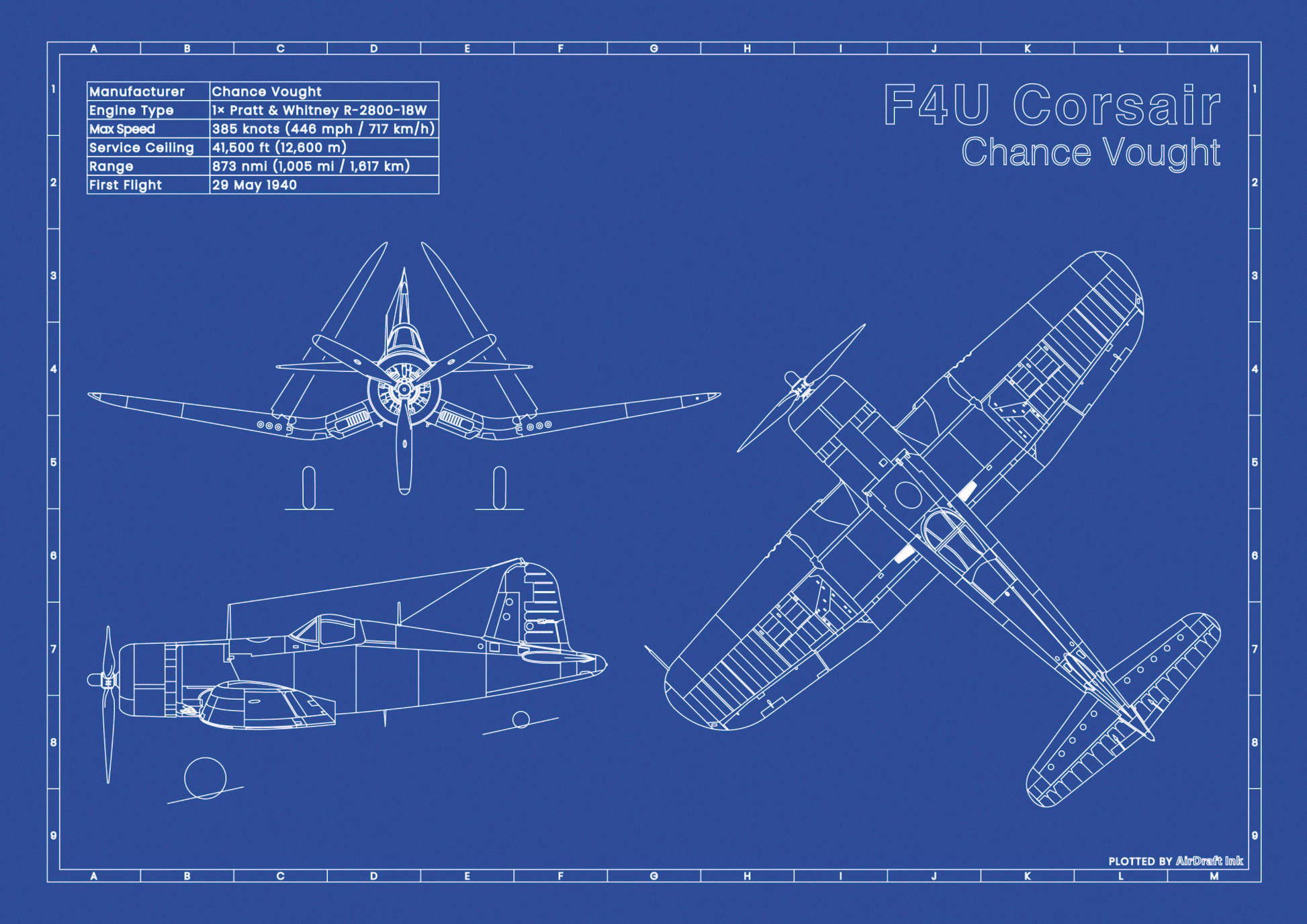 Vought F4U Corsair technical aircraft plan drawing in blueprint style, aviation wall art poster gift for aircraft enthusiasts and pilots.