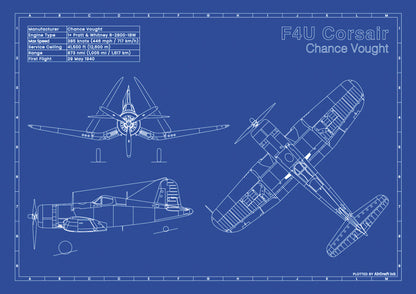 Vought F4U Corsair technical aircraft plan drawing in blueprint style, aviation wall art poster gift for aircraft enthusiasts and pilots.