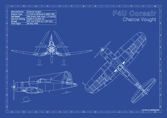 Vought F4U Corsair technical aircraft plan drawing in blueprint style, aviation wall art poster gift for aircraft enthusiasts and pilots.