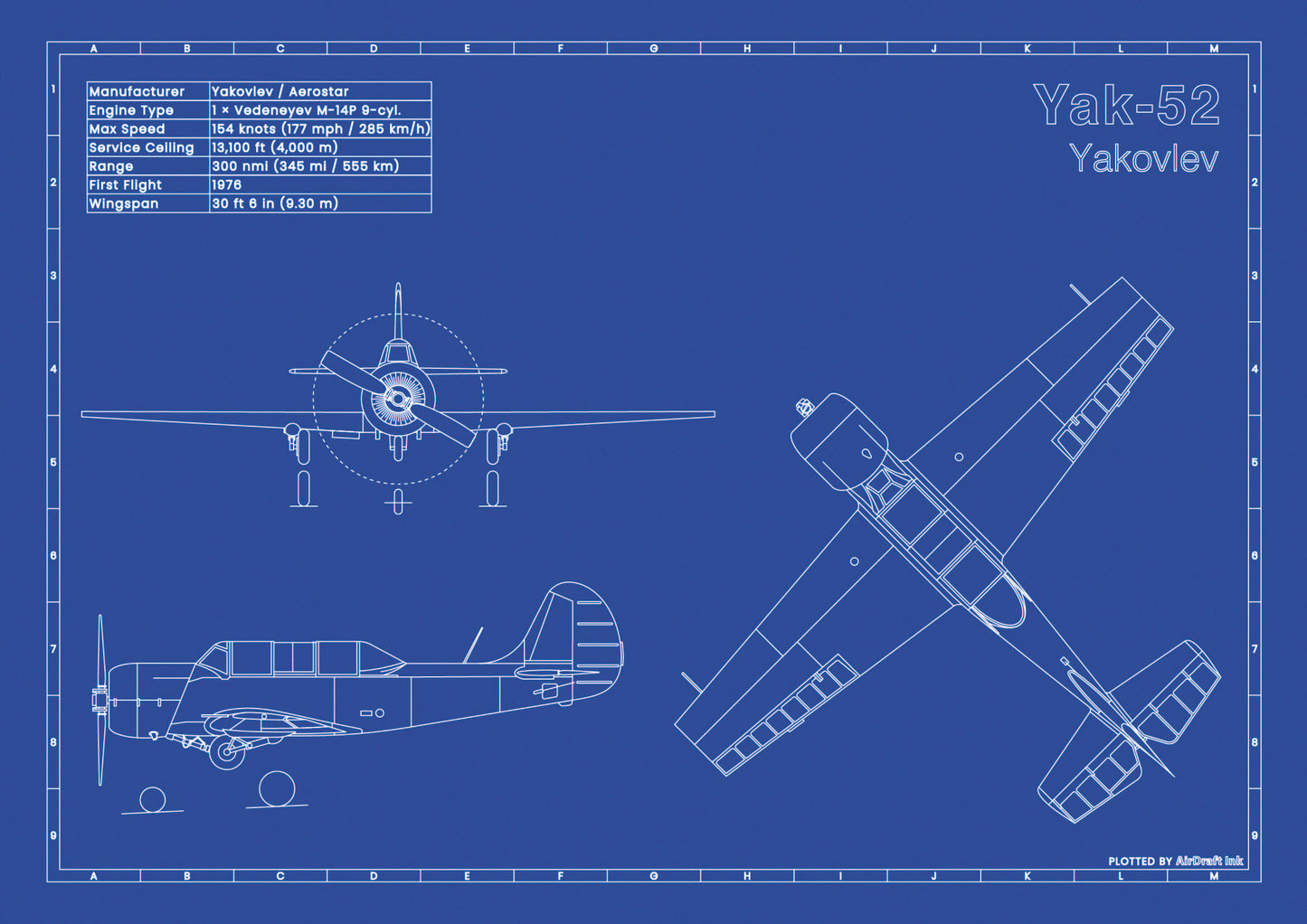 Yak-52 technical aircraft plan drawing in blueprint style, aviation wall art poster gift for aircraft enthusiasts and pilots.