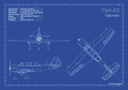 Yak-52 technical aircraft plan drawing in blueprint style, aviation wall art poster gift for aircraft enthusiasts and pilots.