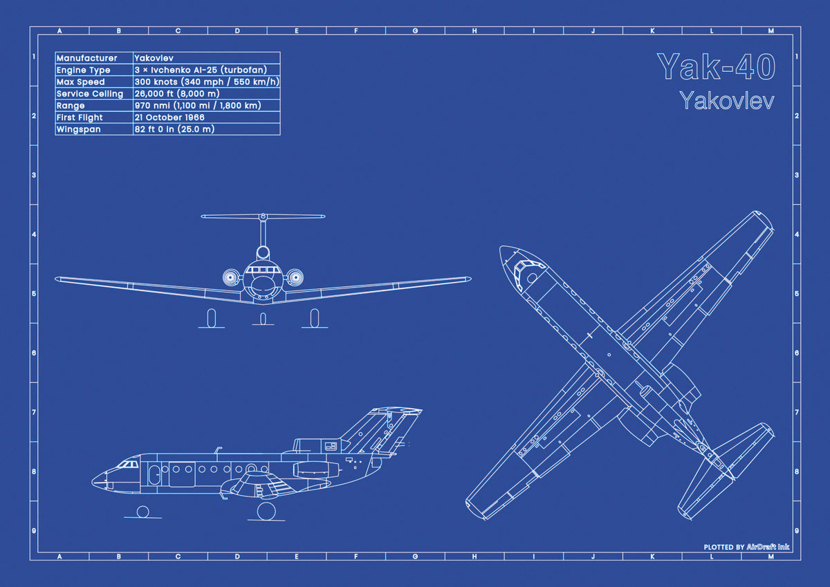 Yakovlev Yak-40 technical aircraft plan drawing in blueprint style, aviation wall art poster gift for aircraft enthusiasts and pilots.
