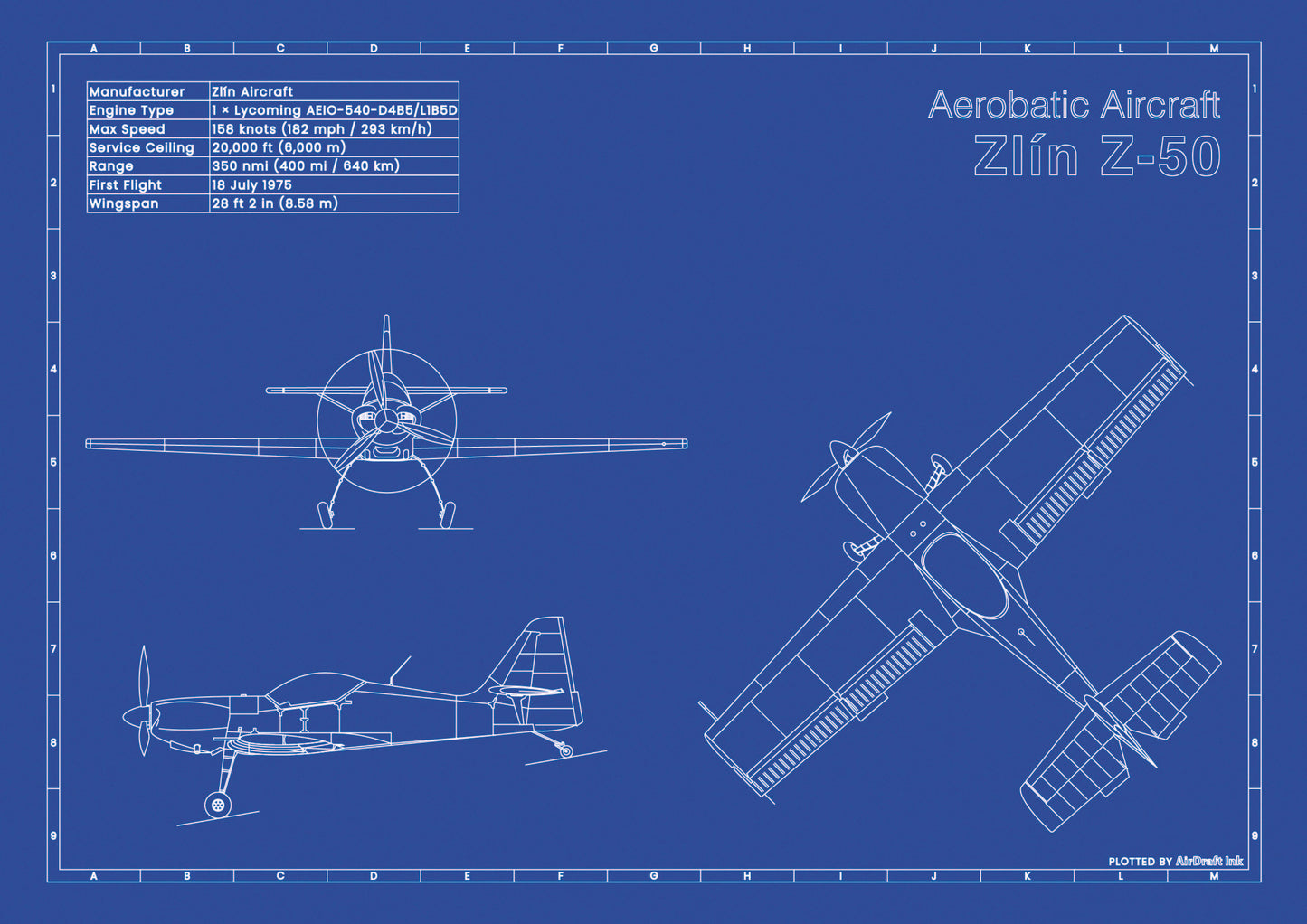 Zlin-Z-50 technical aircraft plan drawing in blueprint style, aviation wall art poster gift for aircraft enthusiasts and pilots.