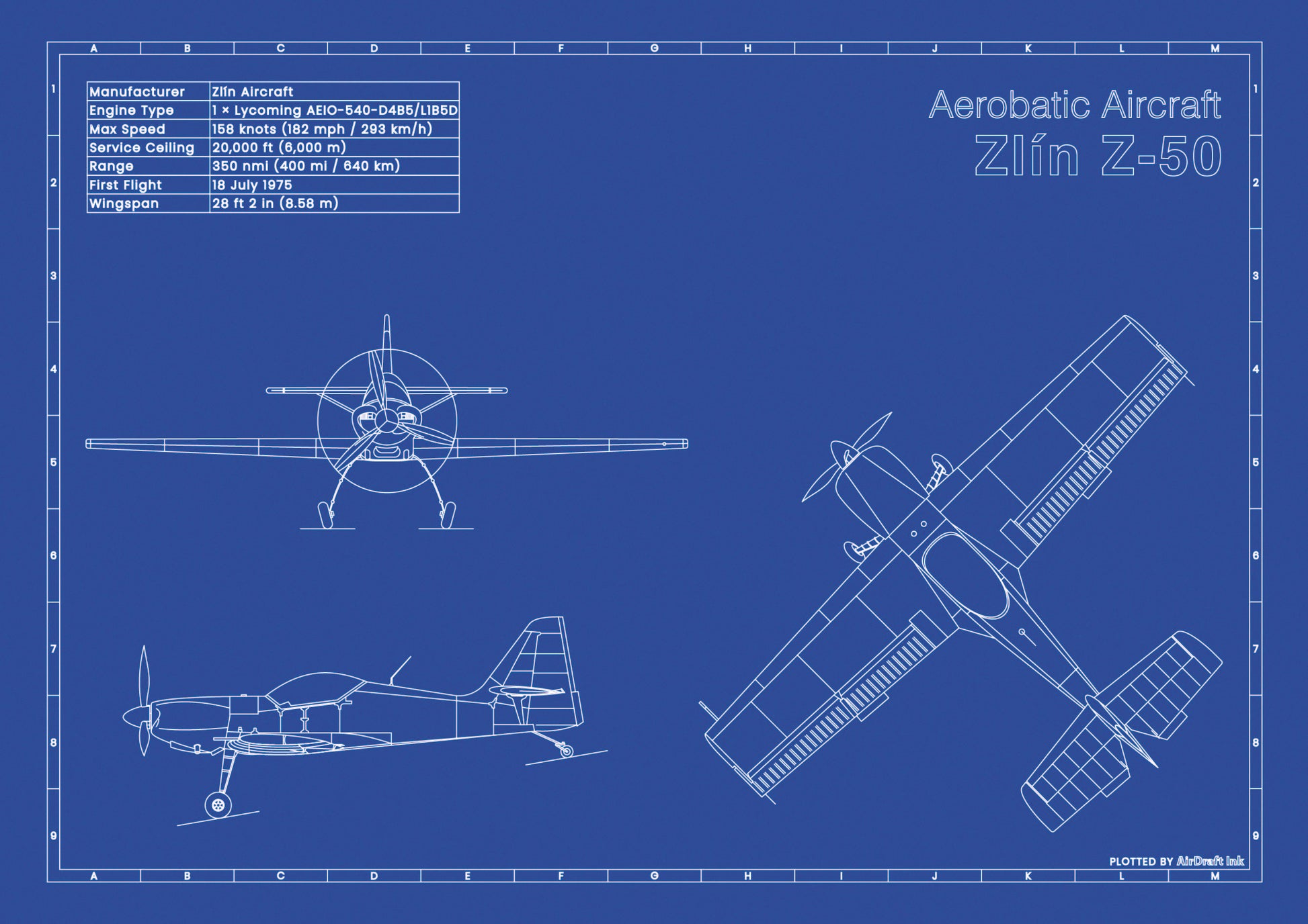Zlin-Z-50 technical aircraft plan drawing in blueprint style, aviation wall art poster gift for aircraft enthusiasts and pilots.