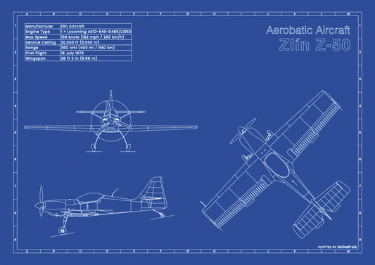 Zlin-Z-50 technical aircraft plan drawing in blueprint style, aviation wall art poster gift for aircraft enthusiasts and pilots.