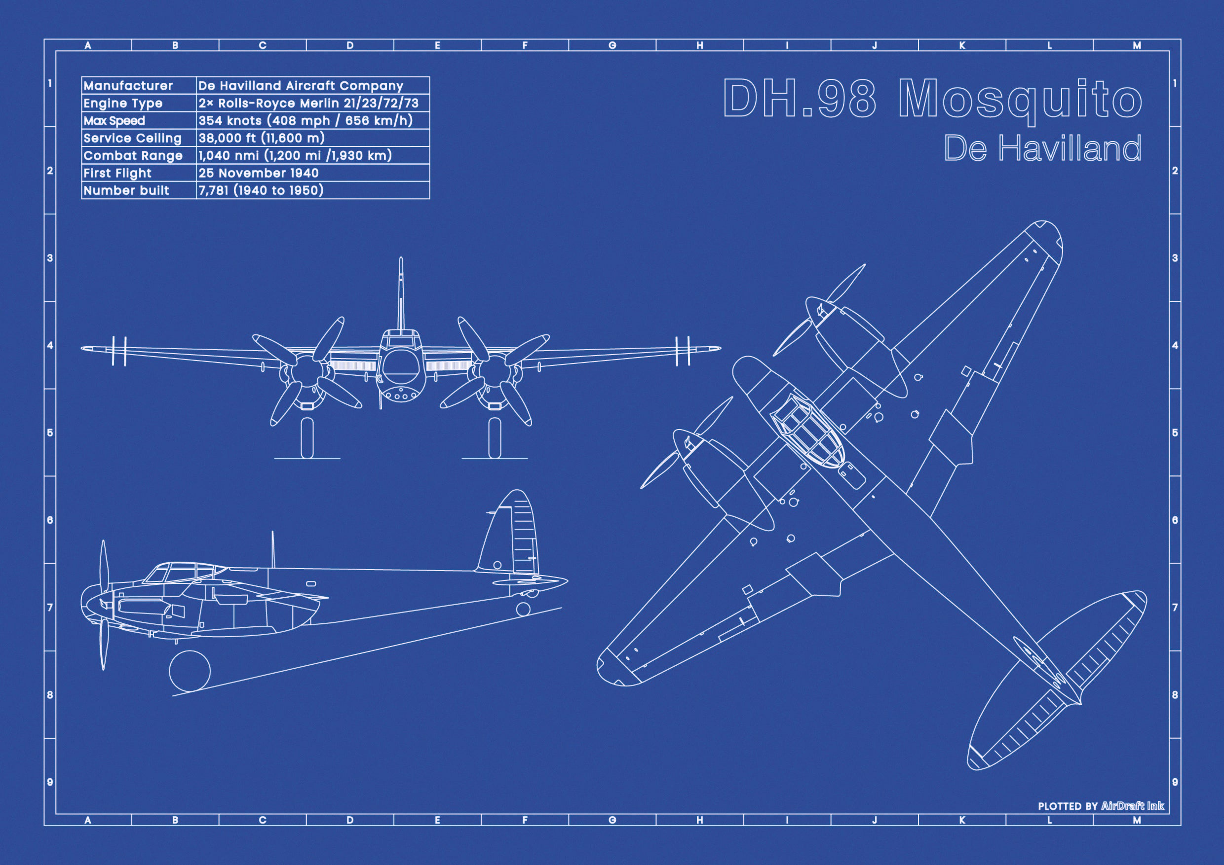DH.98 Mosquito｜Technical blueprint, Drawn in Ink｜Perfect gift for ...