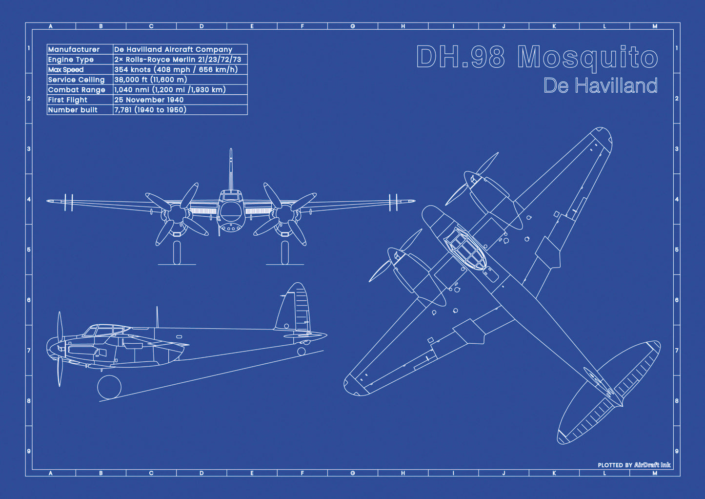 de Havilland DH.98 technical aircraft plan drawing in blueprint style, aviation wall art poster gift for aircraft enthusiasts and pilots.