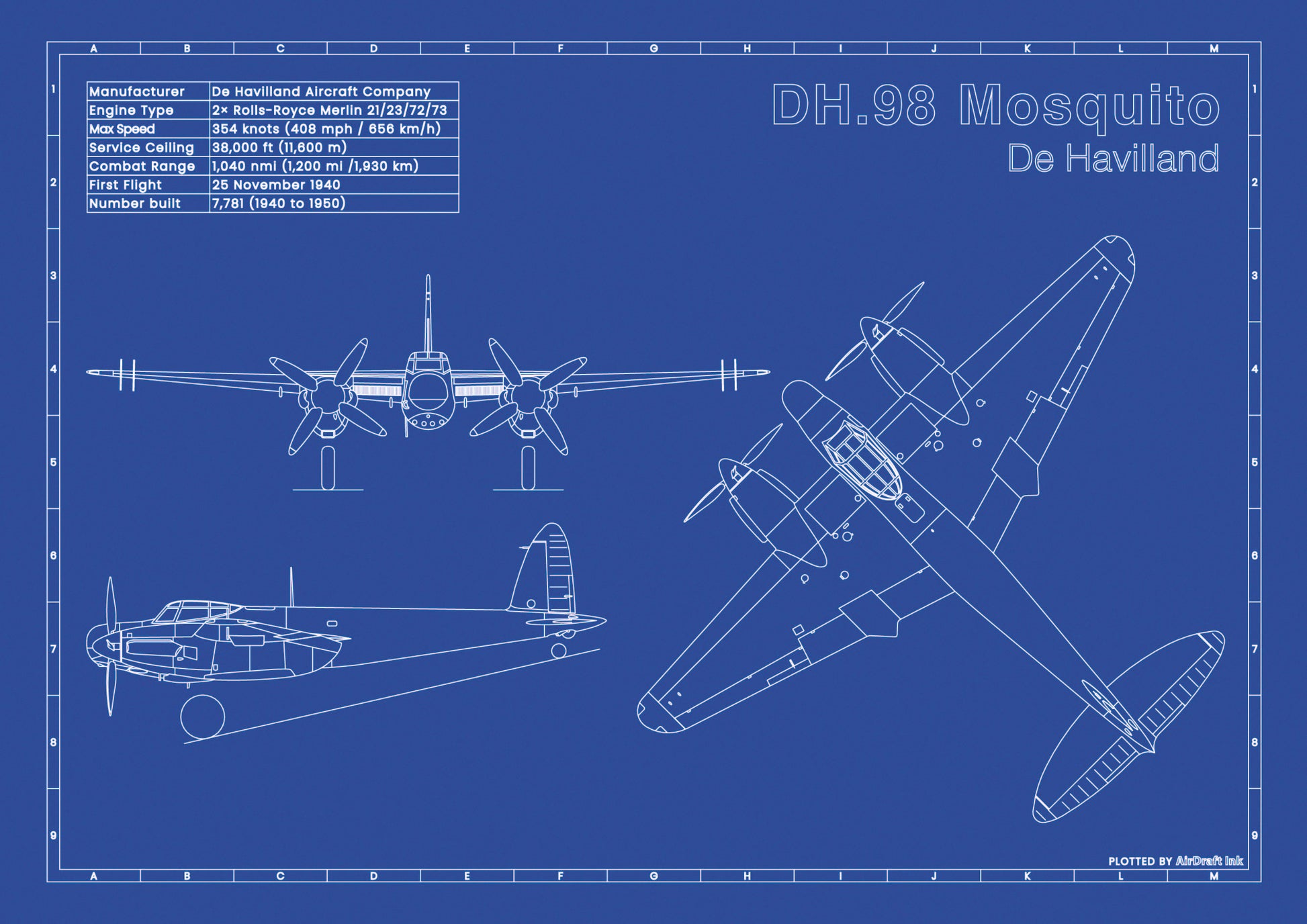 de Havilland DH.98 technical aircraft plan drawing in blueprint style, aviation wall art poster gift for aircraft enthusiasts and pilots.