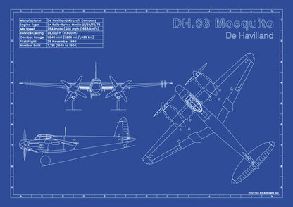 de Havilland DH.98 technical aircraft plan drawing in blueprint style, aviation wall art poster gift for aircraft enthusiasts and pilots.