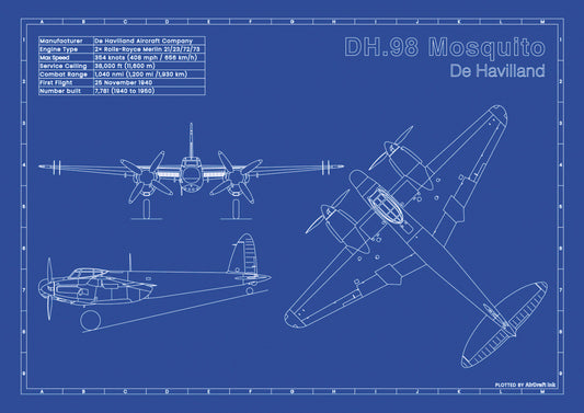 de Havilland DH.98 technical aircraft plan drawing in blueprint style, aviation wall art poster gift for aircraft enthusiasts and pilots.